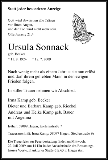 Traueranzeige von Ursula Sonnack von Tageszeitung
