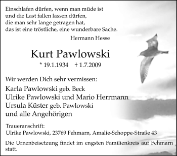 Traueranzeige von Kurt Pawlowski von Tageszeitung