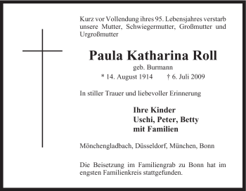 Traueranzeige von Paula Katharina Roll von Tageszeitung