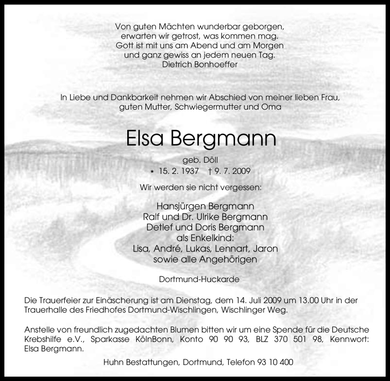  Traueranzeige für Elsa Bergmann vom 11.07.2009 aus Tageszeitung