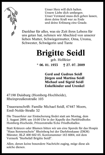 Traueranzeige von Brigitte Seidl von Tageszeitung