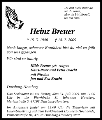 Traueranzeige von Heinz Breuer von Tageszeitung