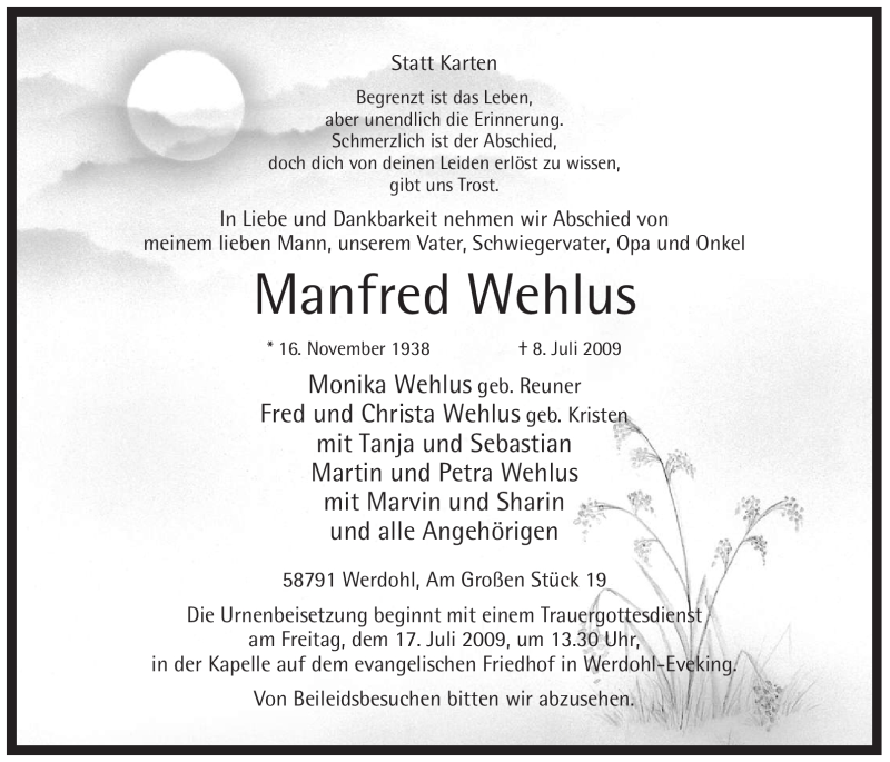  Traueranzeige für Manfred Wehlus vom 13.07.2009 aus Tageszeitung