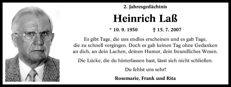  Traueranzeige für Heinrich Laß vom 15.07.2009 aus Tageszeitung