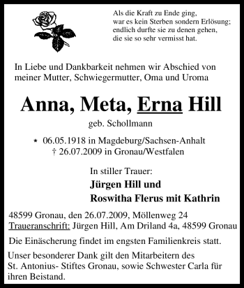 Traueranzeige von Anna, Meta, Erna Hill von Tageszeitung