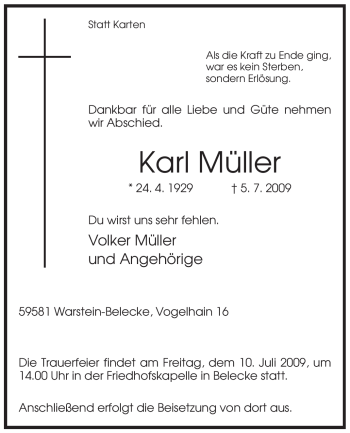 Traueranzeige von Karl Müller von Tageszeitung