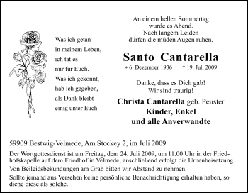 Traueranzeige von Santo Cantarella von Tageszeitung