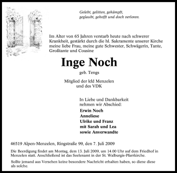 Traueranzeige von Inge Noch von Tageszeitung