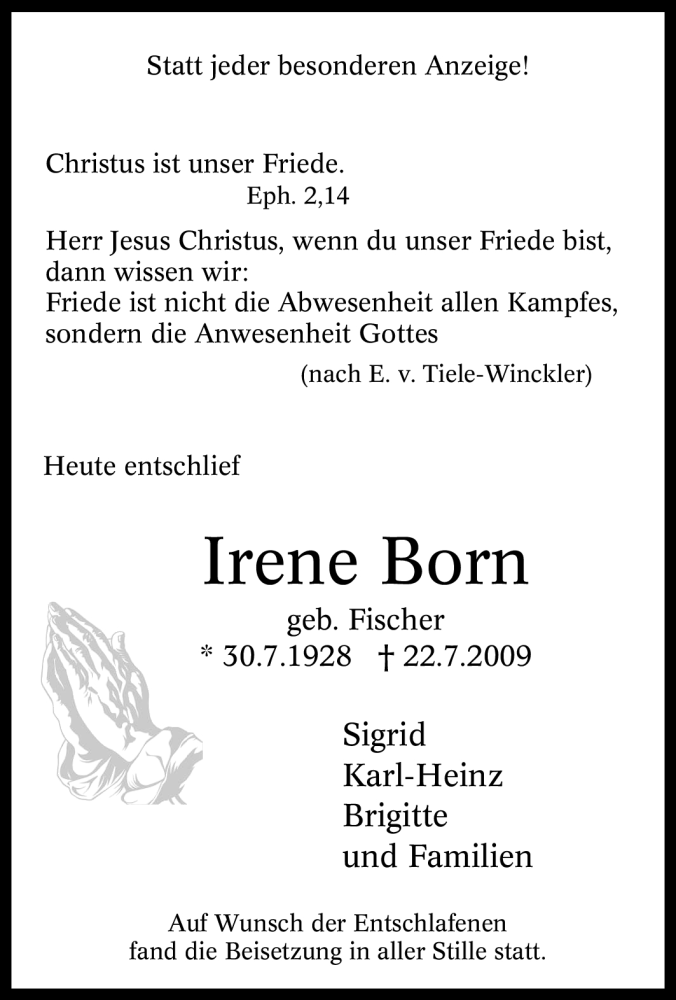  Traueranzeige für Irene Born vom 28.07.2009 aus Tageszeitung