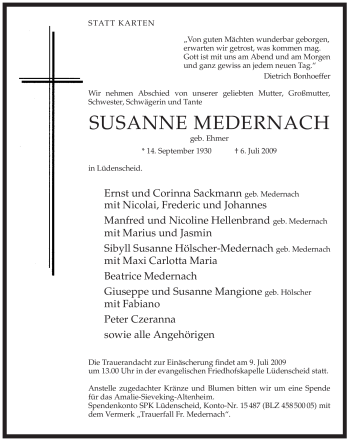 Traueranzeige von Susanne Medernach von Tageszeitung