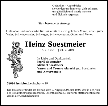 Traueranzeige von Heinz Soestmeier von Tageszeitung
