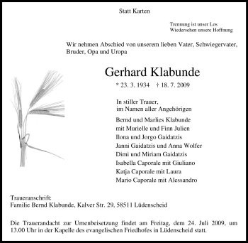 Traueranzeige von Gerhard Klabunde von Tageszeitung