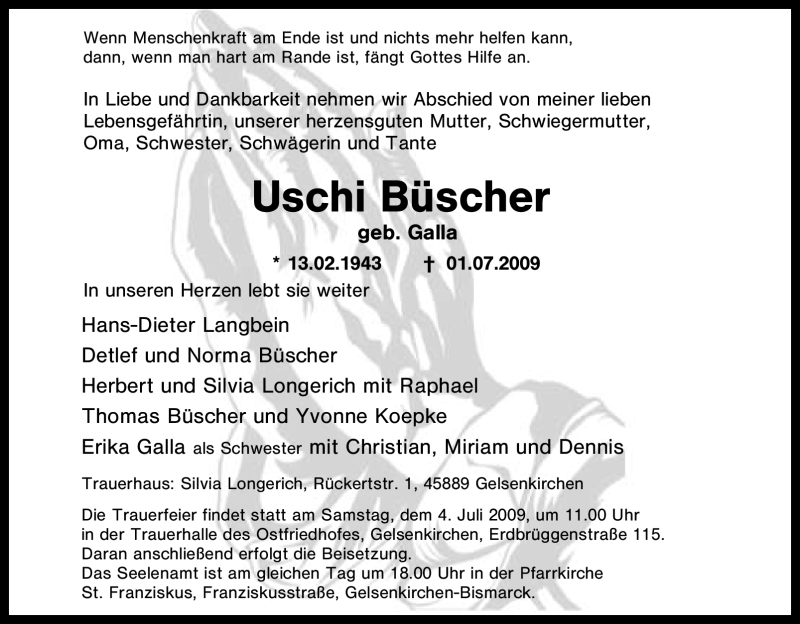  Traueranzeige für Uschi Büscher vom 02.07.2009 aus Tageszeitung