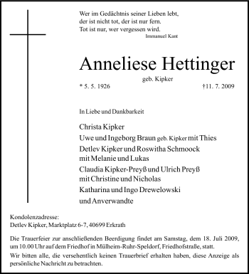 Traueranzeige von Anneliese Hettinger von Tageszeitung