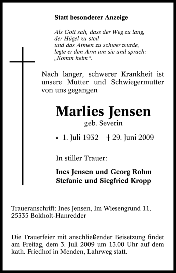 Traueranzeige von Marlies Jensen von Tageszeitung