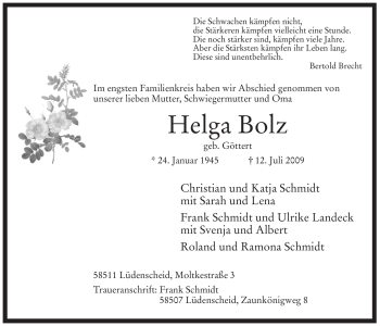 Traueranzeige von Helga Bolz von Tageszeitung