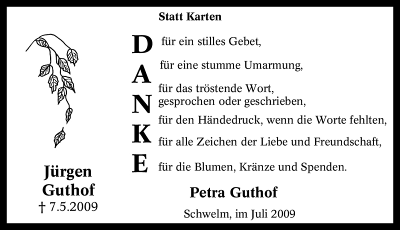  Traueranzeige für Jürgen Guthof vom 15.07.2009 aus Tageszeitung