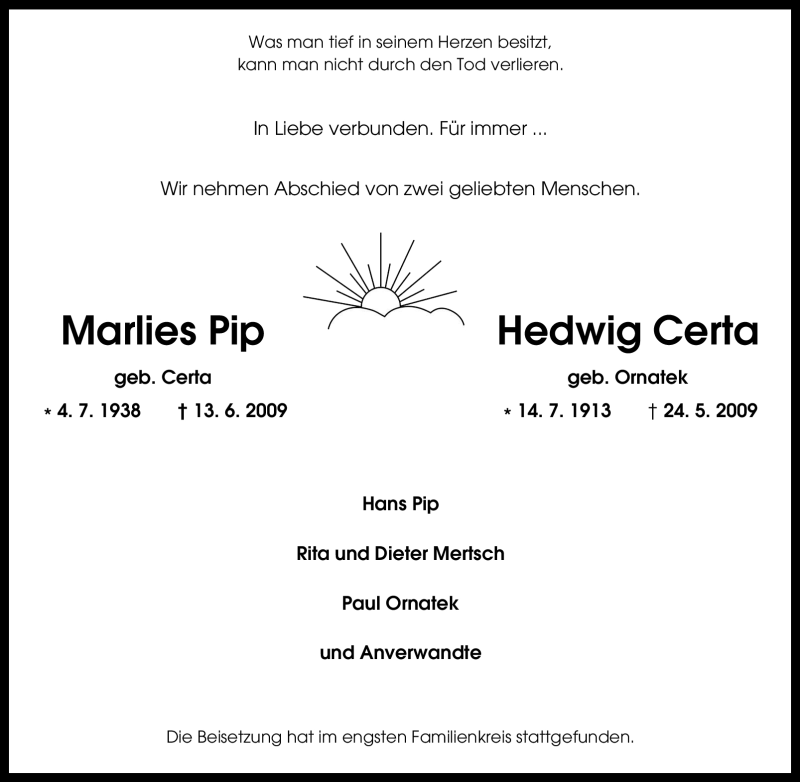  Traueranzeige für Marlies Pip vom 04.07.2009 aus Tageszeitung