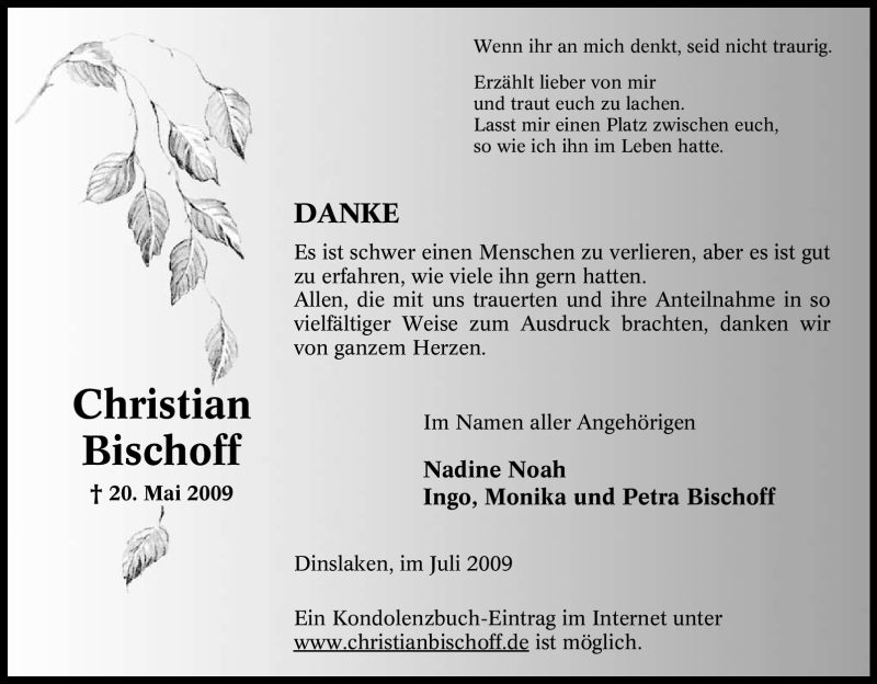  Traueranzeige für Christian Bischoff vom 04.07.2009 aus Tageszeitung