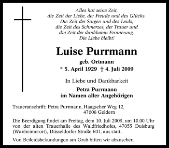 Traueranzeige von Luise Purrmann von Tageszeitung