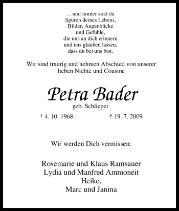 Traueranzeige von Petra Bader von Tageszeitung