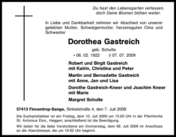 Traueranzeige von Dorothea Gastreich von Tageszeitung