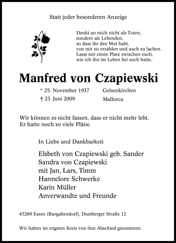 Traueranzeige von Manfred von Czapiewski von Tageszeitung