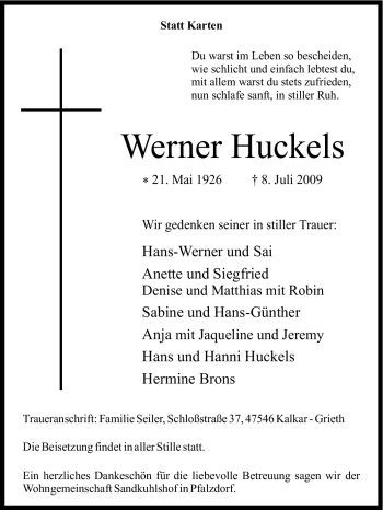 Traueranzeige von Werner Huckels von Tageszeitung