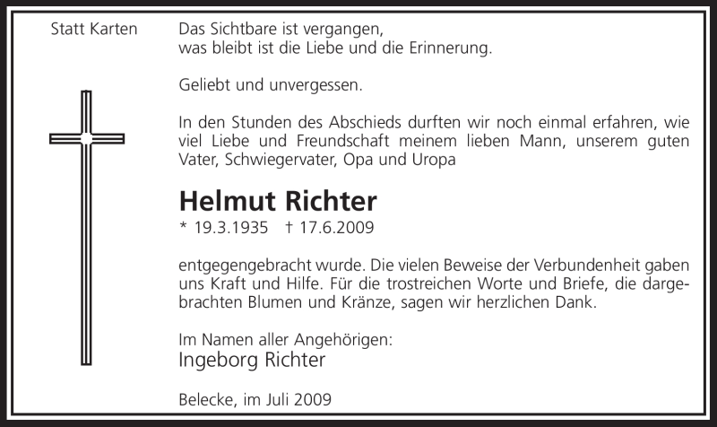  Traueranzeige für Helmut Richter vom 25.07.2009 aus Tageszeitung