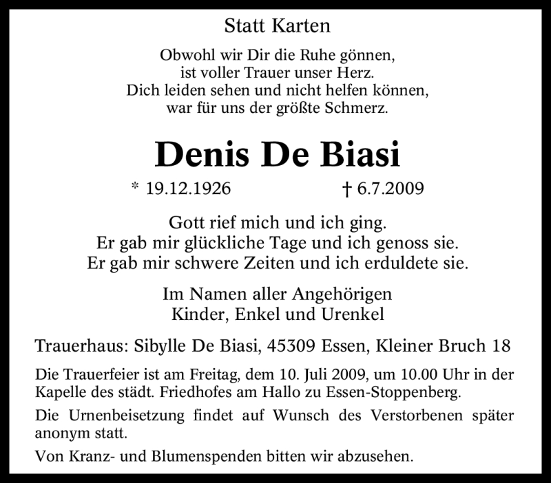  Traueranzeige für Denis De Biasi vom 09.07.2009 aus Tageszeitung