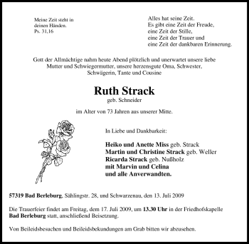 Traueranzeige von Ruth Strack von Tageszeitung