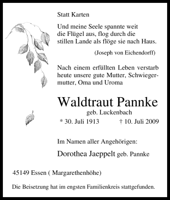 Traueranzeige von Waldtraut Pannke von Tageszeitung