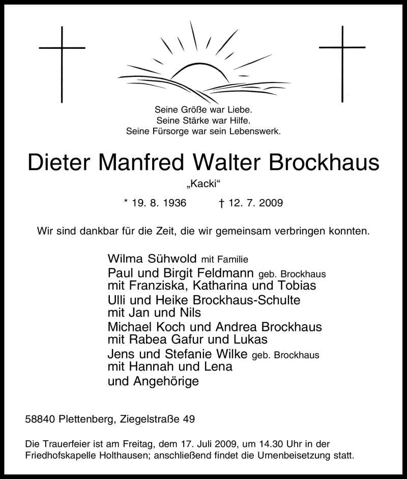  Traueranzeige für Dieter Manfred Walter Brockhaus vom 15.07.2009 aus Tageszeitung
