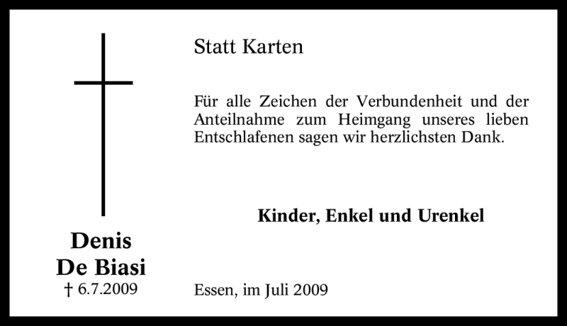  Traueranzeige für Denis De Biasi vom 15.07.2009 aus Tageszeitung