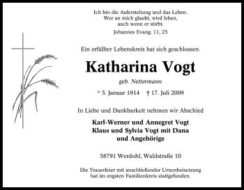 Traueranzeige von Katharina Vogt von Tageszeitung