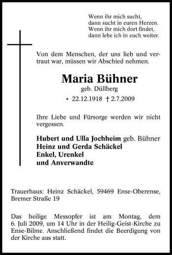Traueranzeige von Maria Bühner von Tageszeitung