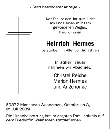 Traueranzeige von Heinrich Hermes von Tageszeitung