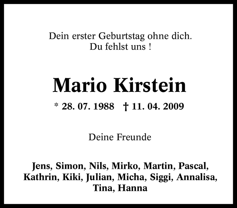  Traueranzeige für Mario Kirstein vom 28.07.2009 aus Tageszeitung