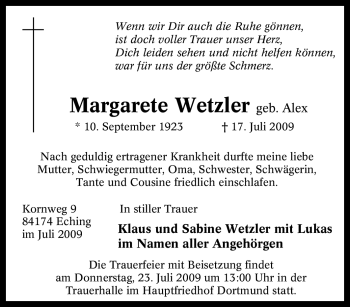 Traueranzeige von Margarete Wetzler von Tageszeitung