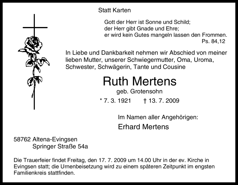  Traueranzeige für Ruth Mertens vom 14.07.2009 aus Tageszeitung