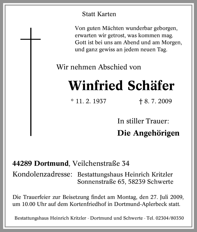  Traueranzeige für Winfried Schäfer vom 22.07.2009 aus Tageszeitung