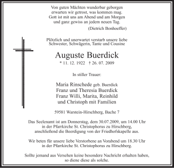 Traueranzeige von Auguste Buerdick von Tageszeitung