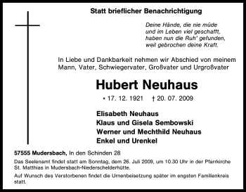 Traueranzeige von Hubert Neuhaus von Tageszeitung