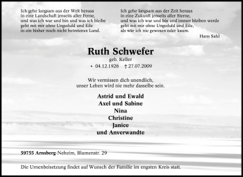 Traueranzeige von Ruth Schwefer von Tageszeitung