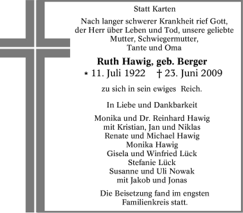 Traueranzeige von Ruth Hawig von Tageszeitung