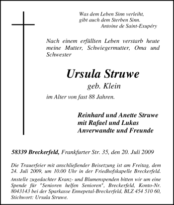 Traueranzeige von Ursula Struwe von Tageszeitung