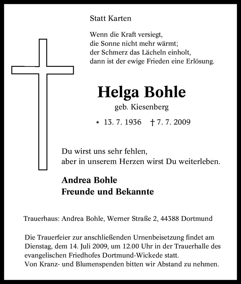 Traueranzeige für Helga Bohle vom 09.07.2009 aus Tageszeitung