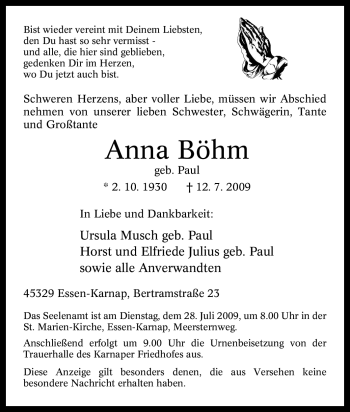 Traueranzeige von Anna Böhm von Tageszeitung