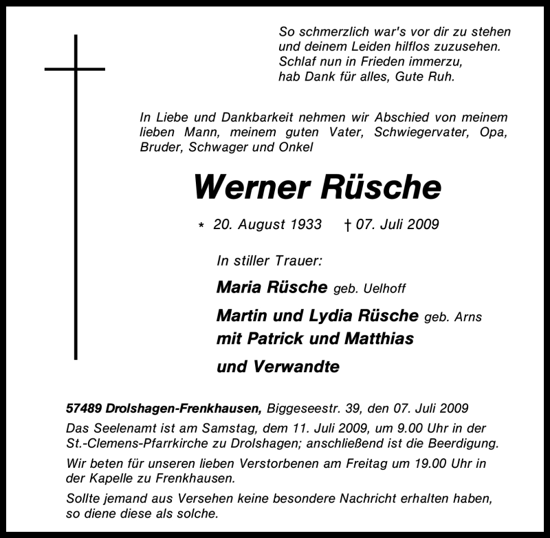  Traueranzeige für Werner Rüsche vom 09.07.2009 aus Tageszeitung