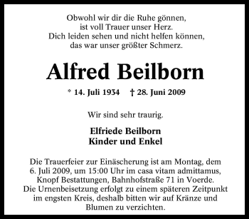 Traueranzeige von Alfred Beilborn von Tageszeitung